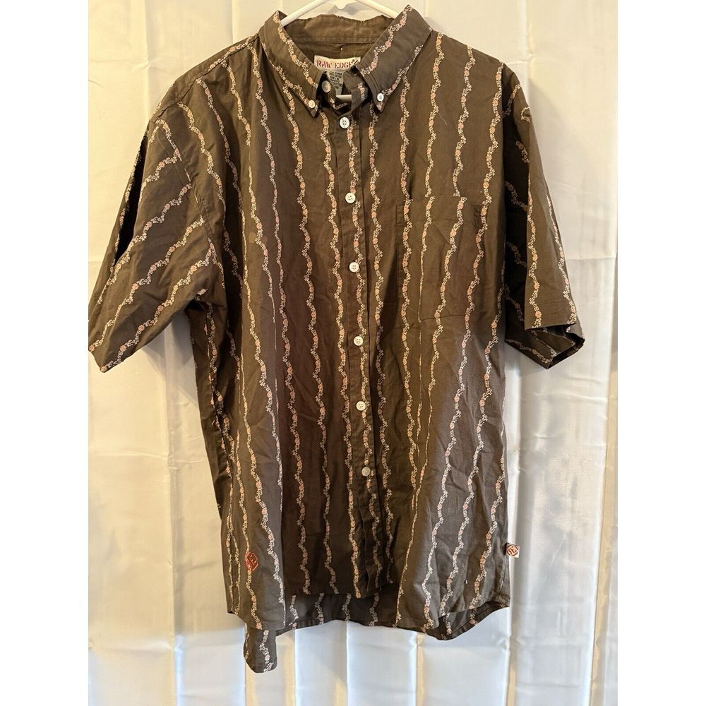 Vintage Raw Edge Mens Brown Shirt Pink‎ Flowers 90s Y2k XL Button Up Grandpa Dad